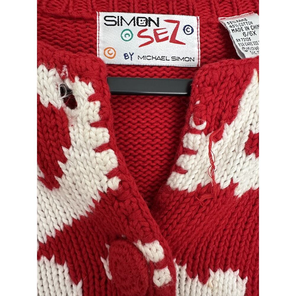VTG Michael Simon Girls Sz 6/6X Reindeer Cardigan Red White Christmas READ - Picture 11 of 11